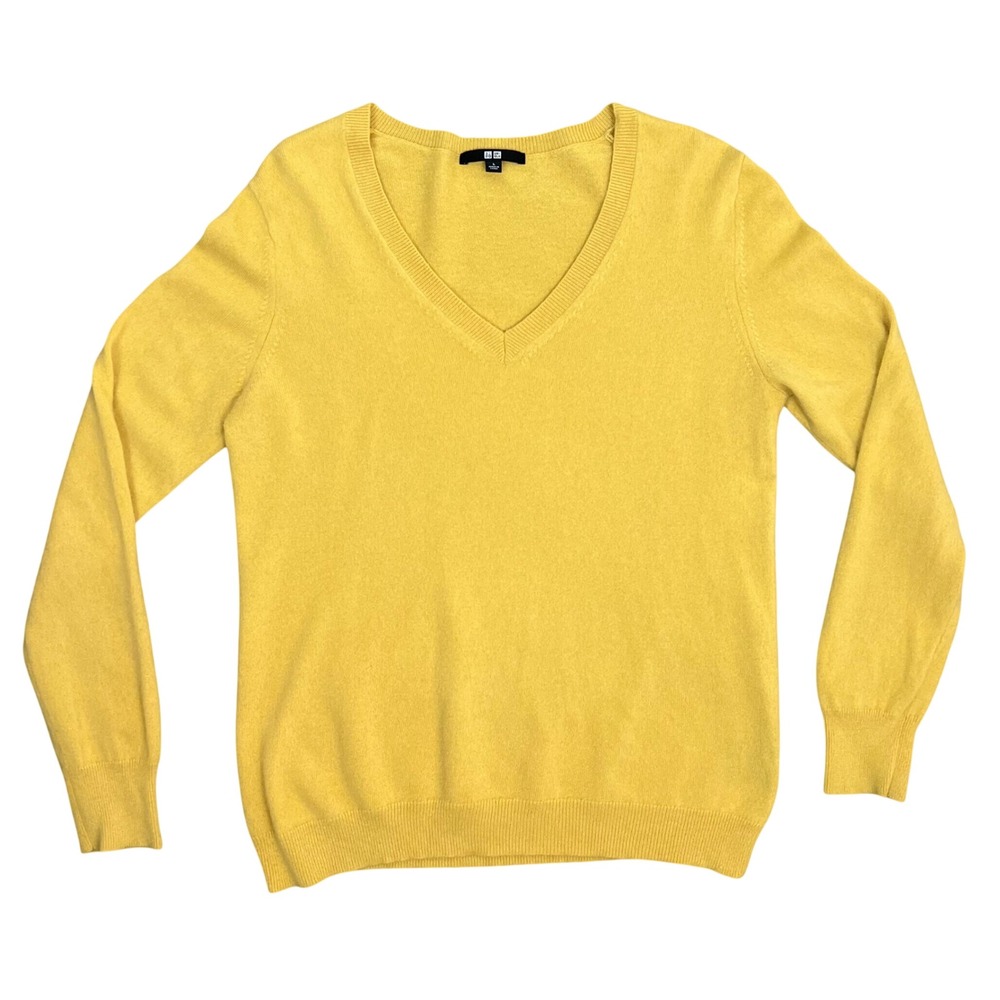Uniqlo 100% Cashmere V-Neck Sweater Mustard Yellow Long Sleeve Womens Large